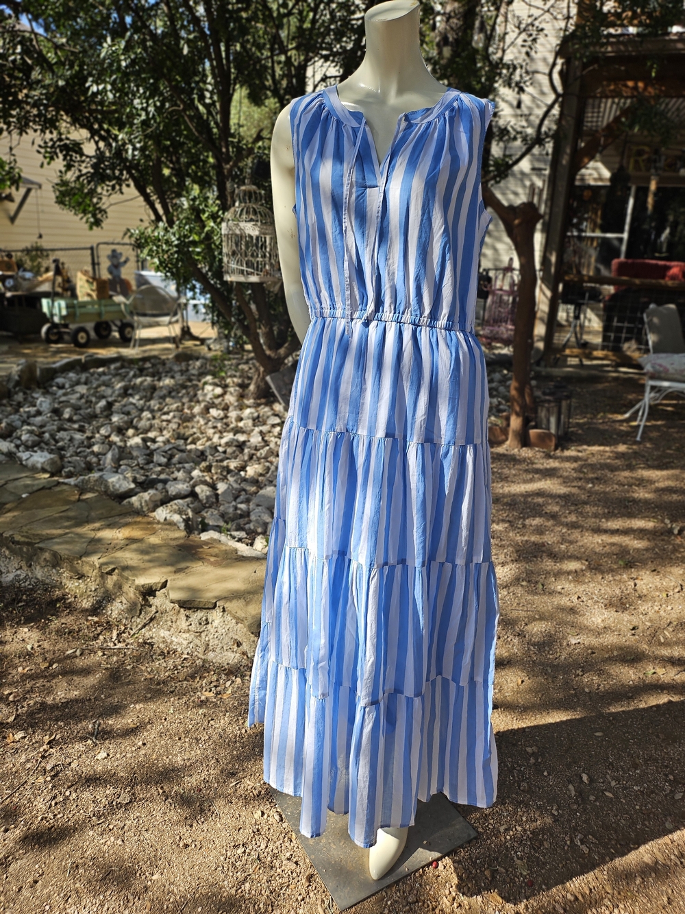 Style & Co. Blue and White Striped Tiered Sleeveless Maxi Dress M